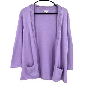 Talbots Cardigan Womens Sz M Lavender 100% Cotton Pointelle Open Front Layering